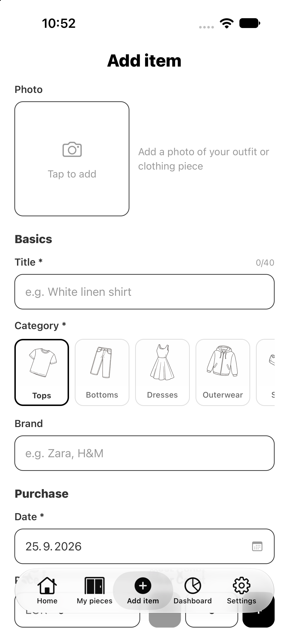 Add item form with photo, category and purchase details