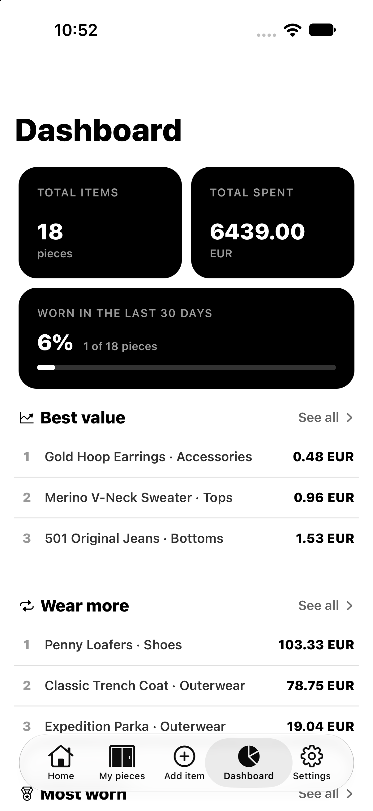 Dashboard with total items, total spent, best value and wear more lists