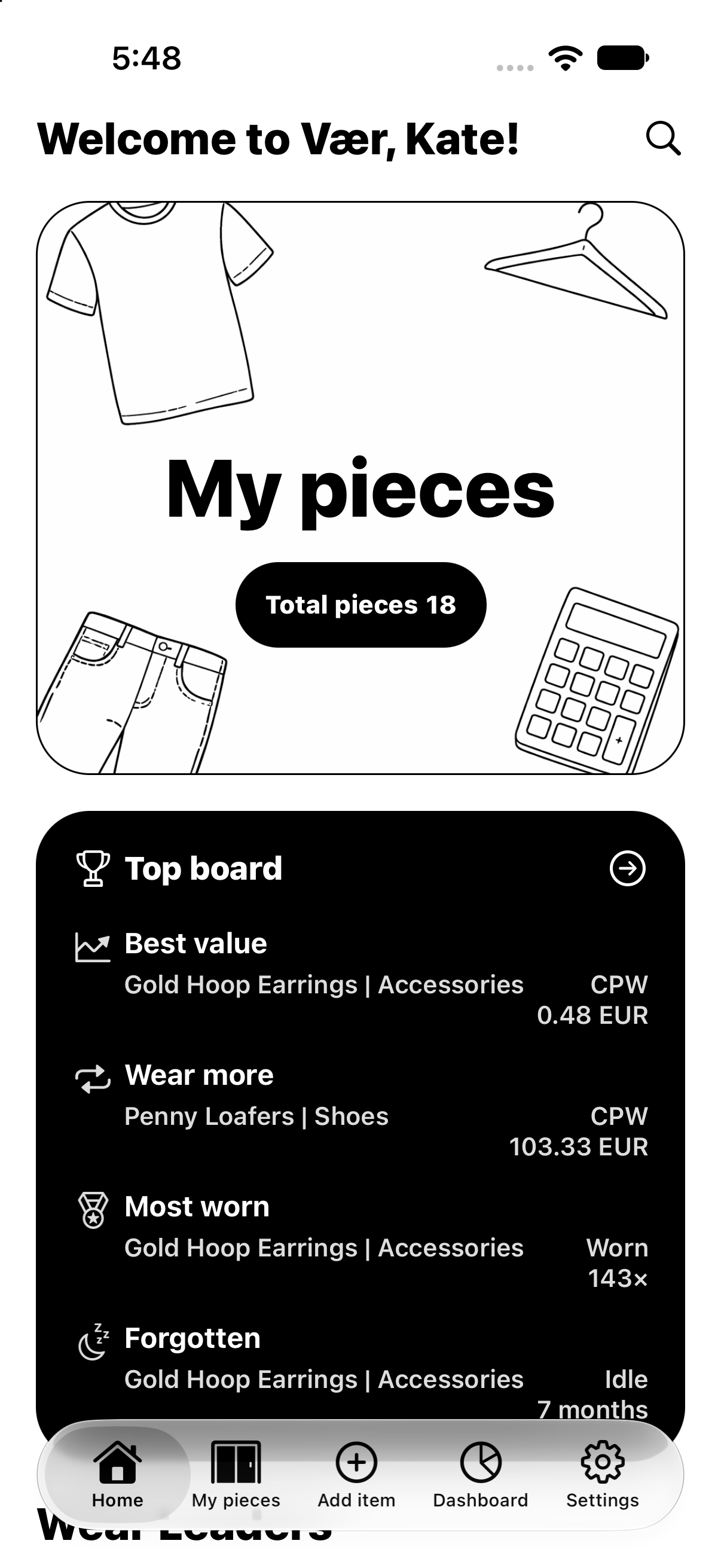 Vær home screen showing My Pieces and the Top Board
