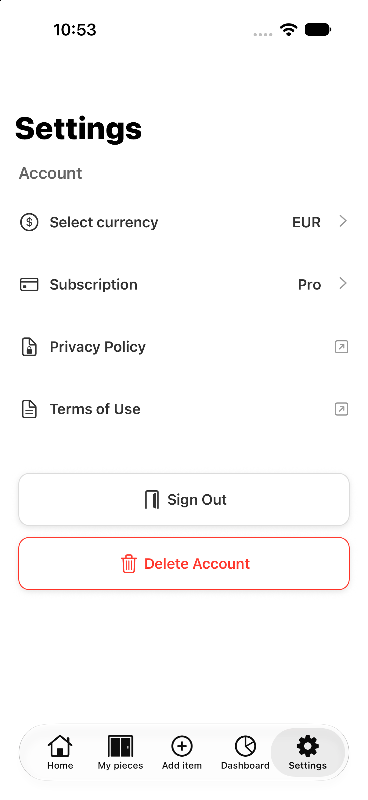 Settings with currency, subscription and account options