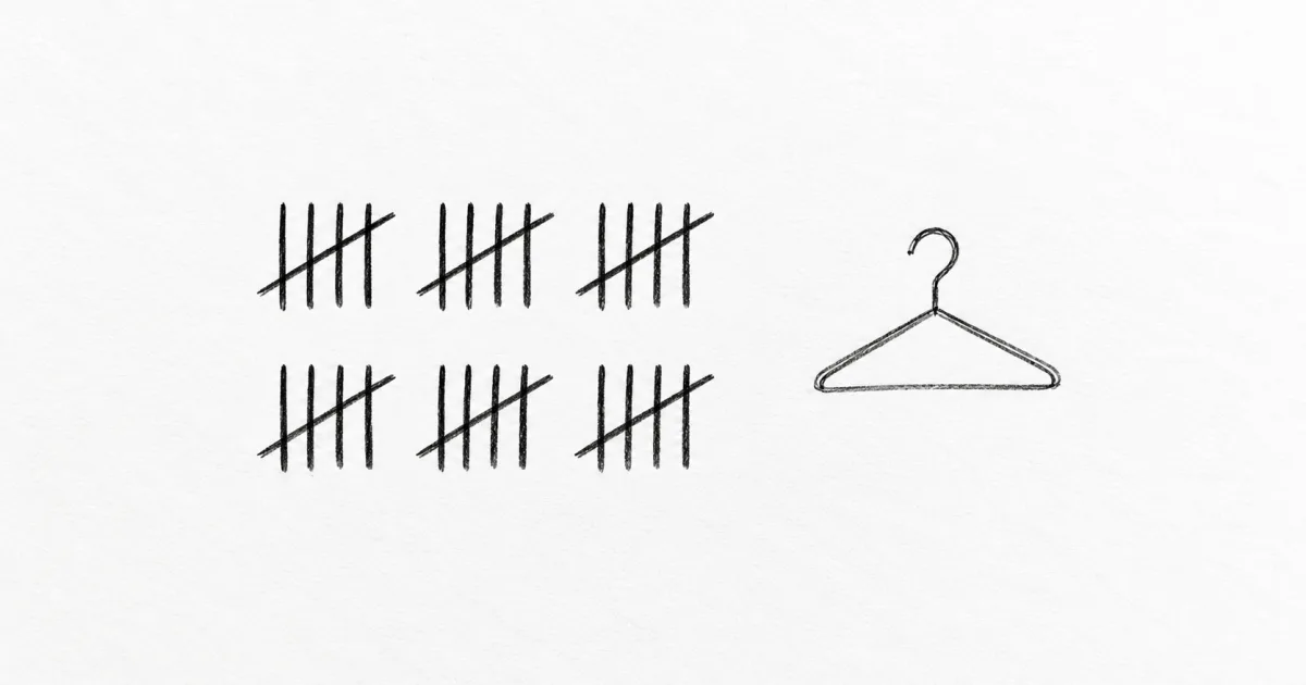 Thirty small tally marks in black ink on white paper, with a clothes hanger drawn beside them