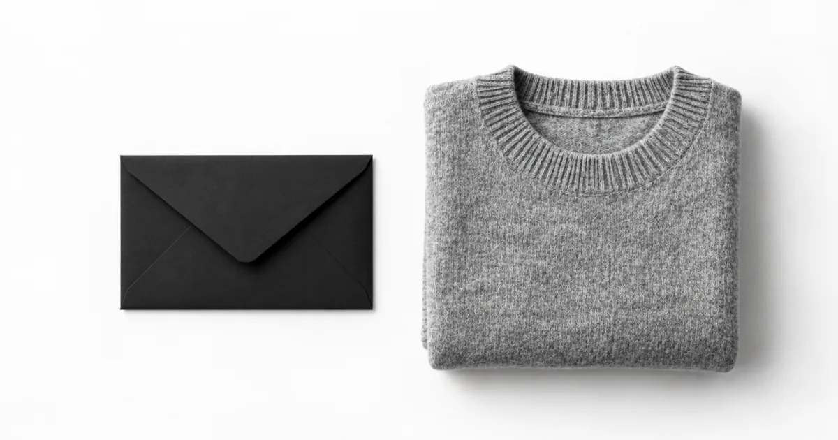 A black envelope beside a folded grey jumper on a white surface