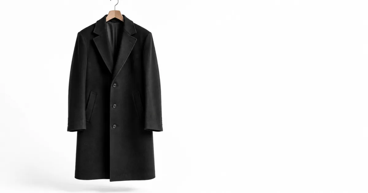 A black coat hanging against a plain white background
