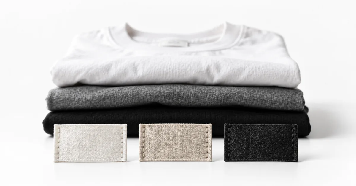 Folded shirts in white, grey and black behind three blank clothing labels