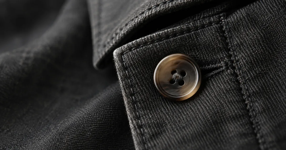 Close-up of dark woven fabric, stitching and a brown button