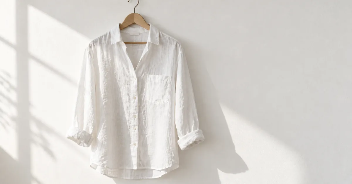 A wooden hanger holding one white shirt, hung on a plain wall, with soft natural light