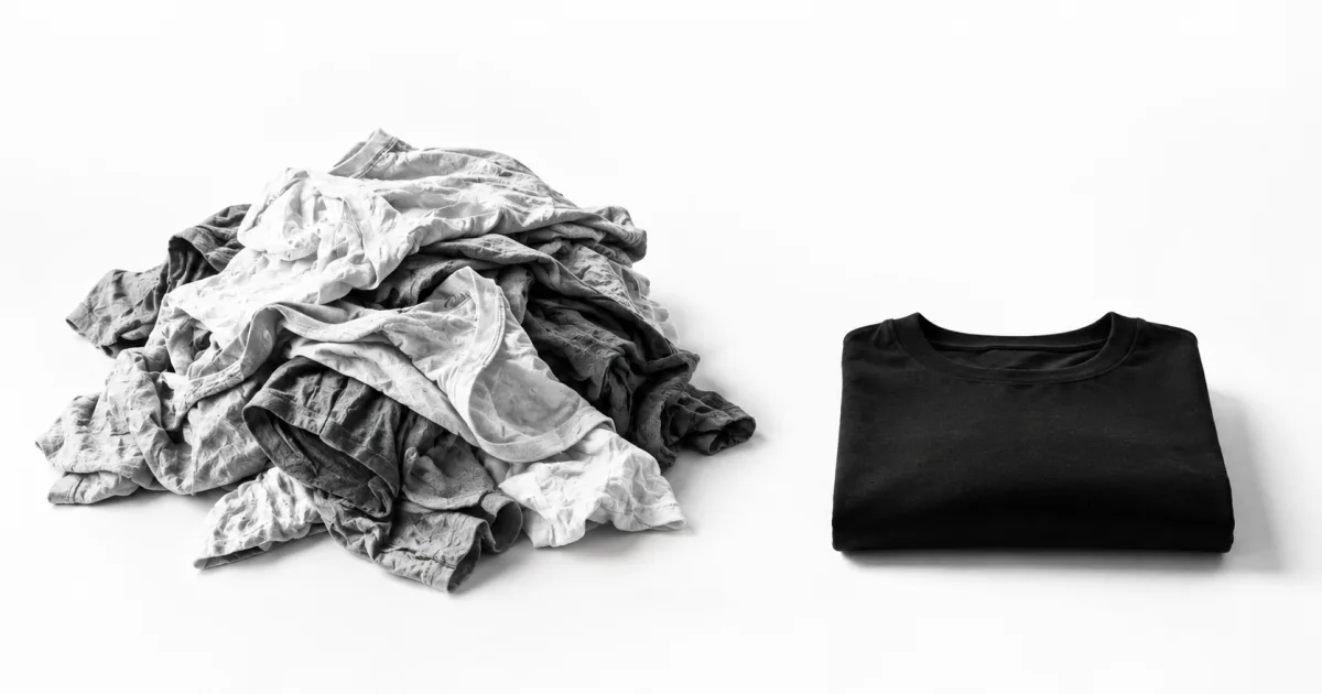 A pile of light-coloured T-shirts beside one folded black T-shirt