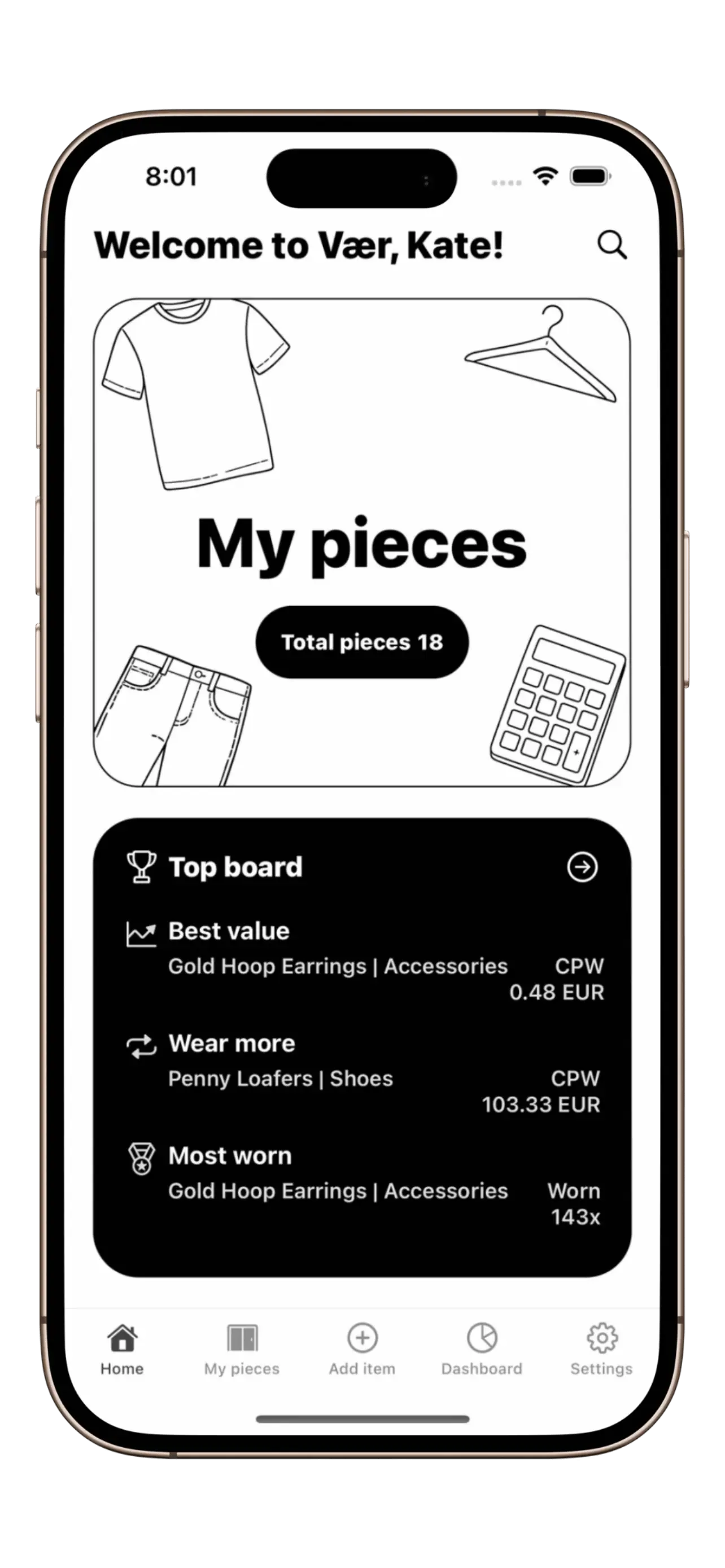 Vær home screen showing My Pieces and Top Board