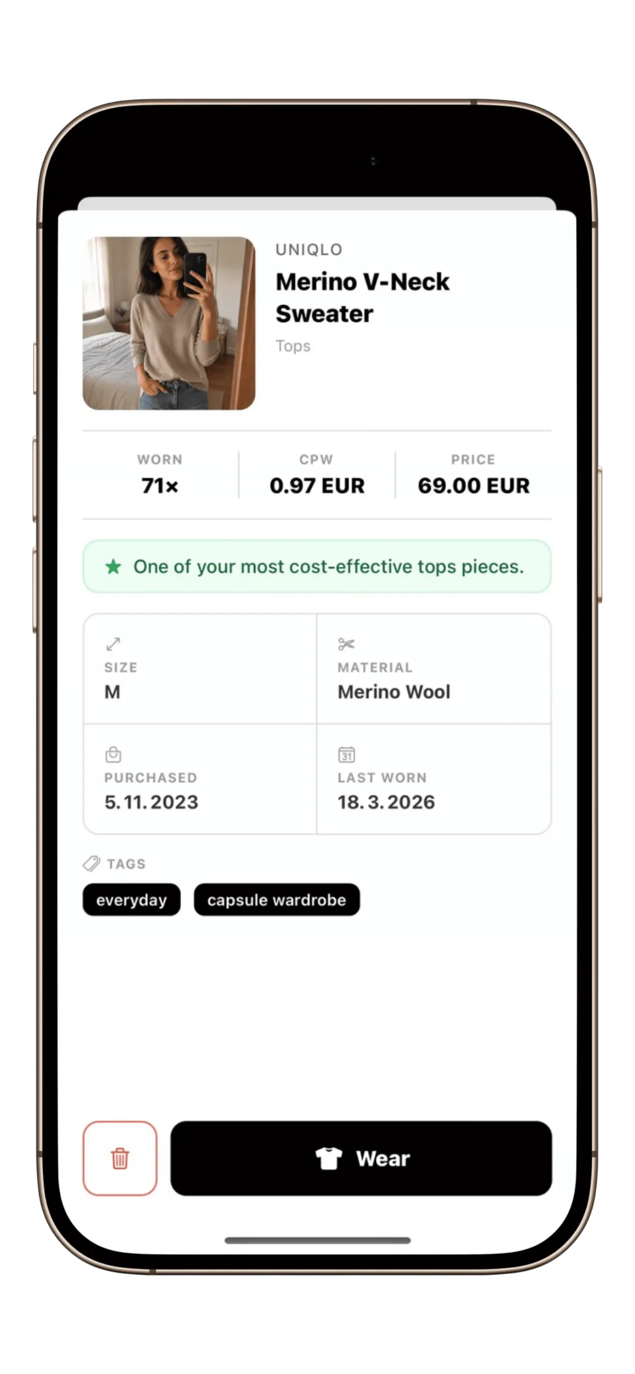 Item detail showing worn count, cost per wear and item info
